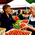 **

A vibrant Wochenmarkt (farmers market) scene in Germany. An elderly woman with her grandchild interacts with a friendly local farmer selling ripe, sun-ripened tomatoes. Baskets overflow with fresh produce. The atmosphere is lively, with people chatting and sampling goods. Focus on the connection between people and the source of their food, highlighting the freshness and quality. Use warm, inviting colors.

**