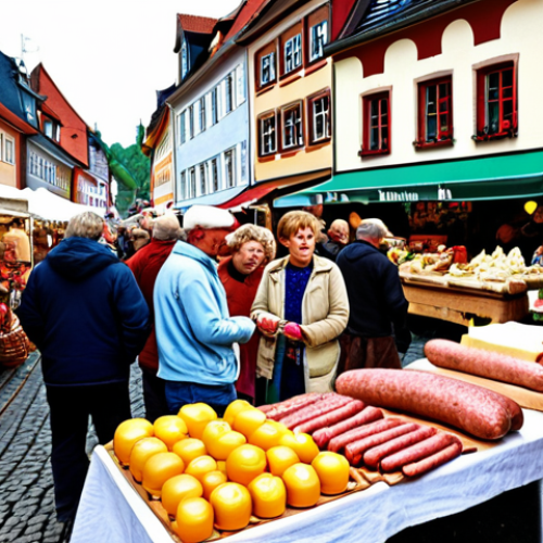 **

"A bustling local farmers market in Germany. Stalls are overflowing with fresh, organic produce, cheeses, and sausages. Happy vendors are interacting with customers, sharing stories about their farms and products. In the background, a traditional German village can be seen. Focus on vibrant colors and a sense of community."

**