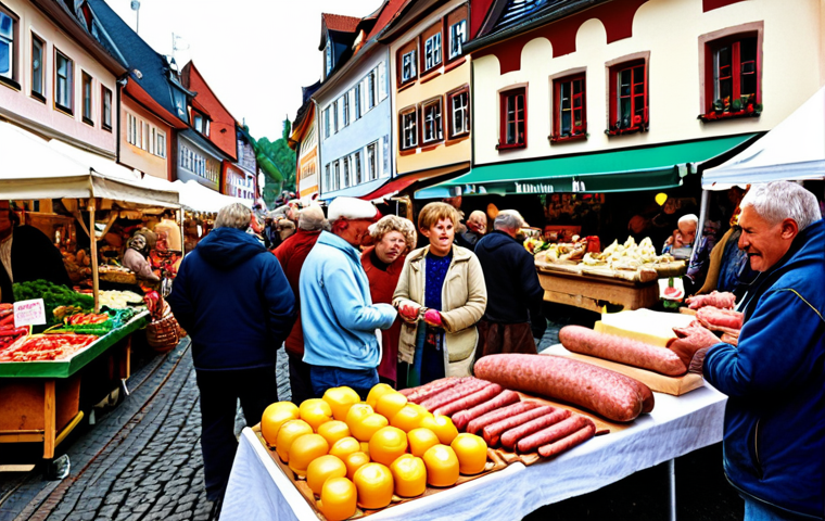 **

"A bustling local farmers market in Germany. Stalls are overflowing with fresh, organic produce, cheeses, and sausages. Happy vendors are interacting with customers, sharing stories about their farms and products. In the background, a traditional German village can be seen. Focus on vibrant colors and a sense of community."

**
