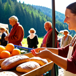 **

A vibrant farmers market scene in the Black Forest, Germany. Focus on close-ups of fresh produce: glistening Schwarzwälder Schinken, artisanal bread, colorful fruits and vegetables. In the background, blurred figures of happy customers interacting with local farmers in traditional clothing. Sunlight filters through the trees, creating a warm, inviting atmosphere. The overall impression is one of abundance, quality, and community spirit.

**