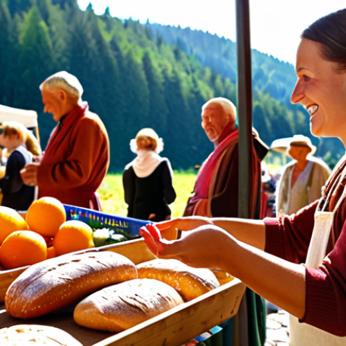 **

A vibrant farmers market scene in the Black Forest, Germany. Focus on close-ups of fresh produce: glistening Schwarzwälder Schinken, artisanal bread, colorful fruits and vegetables. In the background, blurred figures of happy customers interacting with local farmers in traditional clothing. Sunlight filters through the trees, creating a warm, inviting atmosphere. The overall impression is one of abundance, quality, and community spirit.

**