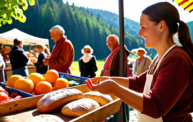**

A vibrant farmers market scene in the Black Forest, Germany. Focus on close-ups of fresh produce: glistening Schwarzwälder Schinken, artisanal bread, colorful fruits and vegetables. In the background, blurred figures of happy customers interacting with local farmers in traditional clothing. Sunlight filters through the trees, creating a warm, inviting atmosphere. The overall impression is one of abundance, quality, and community spirit.

**