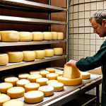 **Artisanal Cheese Production in Allgäu:** A close-up shot inside a small cheese producer's workshop in the Allgäu region. Focus on the cheesemaker's hands carefully crafting the cheese, showcasing the attention to detail and traditional techniques involved. Include elements like copper vats, wooden shelves with aging cheeses, and a warm, inviting atmosphere.