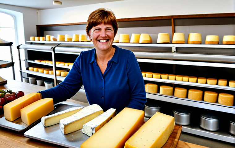 Allgäu Cheese Producer Online**
"A charming, family-run cheese farm in the Allgäu region of Germany. The cheesemaker, a friendly woman in her late 40s, is smiling and pointing to a laptop displaying a beautifully designed online shop. Cows graze peacefully in the background. The shop features photos of the cheese-making process and happy cows. Image should evoke feelings of warmth, authenticity, and tradition meeting modernity. safe for work, appropriate content, fully clothed, professional photography, perfect anatomy, natural proportions, modest clothing. "
**