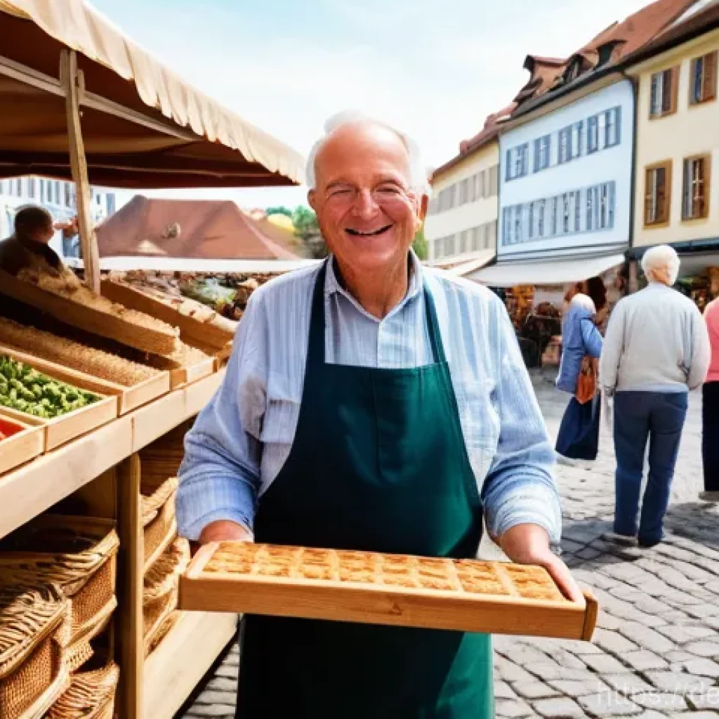 지역생산과 사회적 기업 - A bustling, sun-drenched farmers' market in a charming German town square. Stalls are overflowing wi...