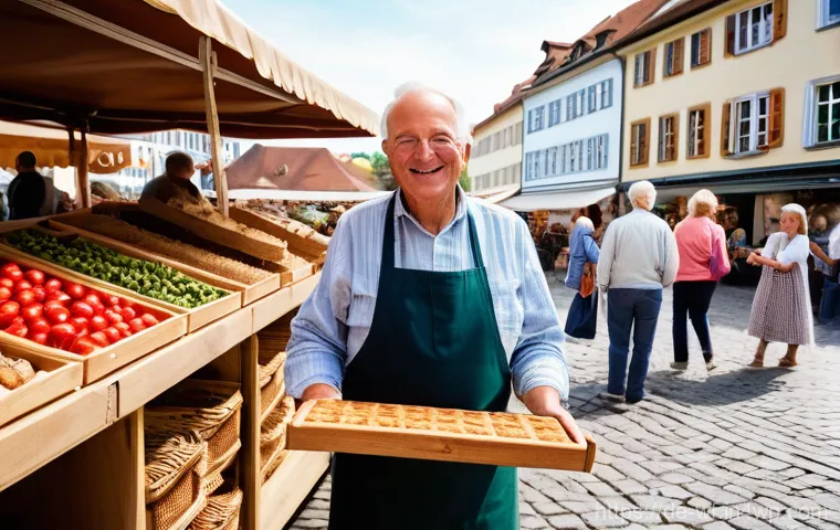 지역생산과 사회적 기업 - A bustling, sun-drenched farmers' market in a charming German town square. Stalls are overflowing wi...