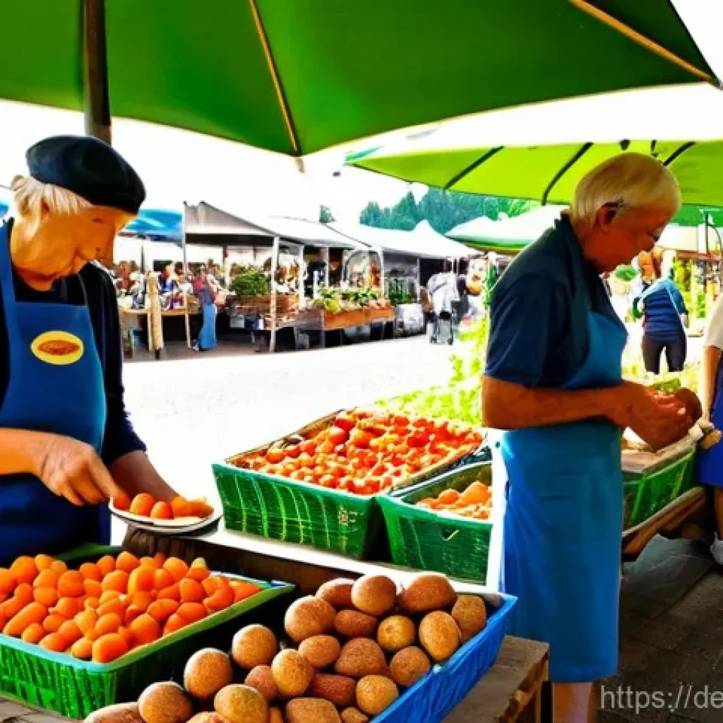 소규모 농업과 지역생산의 연결 - **Vibrant German Farmers' Market (Wochenmarkt) Scene:**
A bustling and cheerful outdoor scene at...
