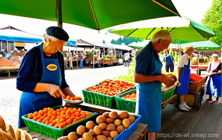 소규모 농업과 지역생산의 연결 - **Vibrant German Farmers' Market (Wochenmarkt) Scene:**
A bustling and cheerful outdoor scene at...