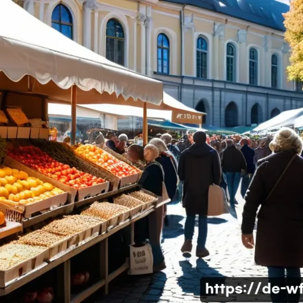 지역생산의 도전 과제 - **Prompt:** A bustling farmers market in Munich, Germany. It's a sunny Saturday morning in October. ...