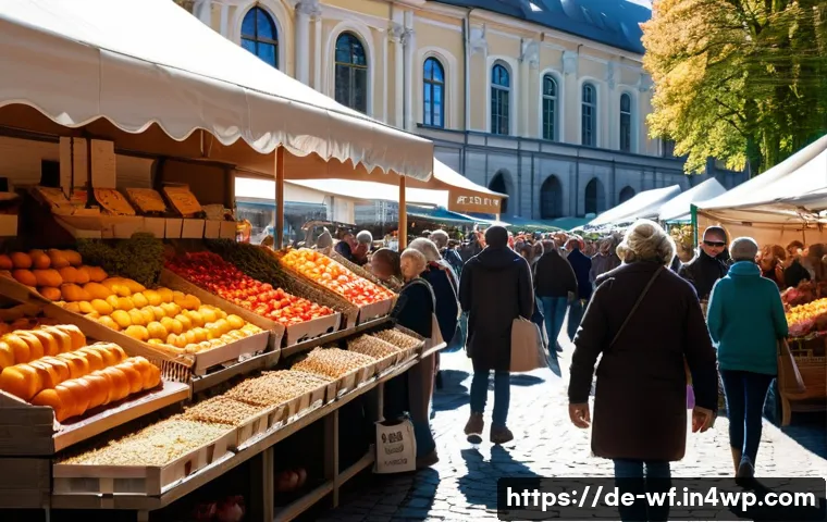 지역생산의 도전 과제 - **Prompt:** A bustling farmers market in Munich, Germany. It's a sunny Saturday morning in October. ...