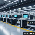 Home 22 지역생산에서 기술의 역할 - A modern German automotive supplier’s smart factory interior, showcasing a highly automated producti...