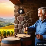 Home 20 지역생산의 글로벌 확장 전략 - A cozy small winery in the German Pfalz region, showcasing rustic wooden barrels and stone walls, wi...
