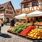 Home 19 지역생산의 소비자 응답 분석 - A vibrant farmers' market scene in a quaint German village square during a sunny morning, featuring ...