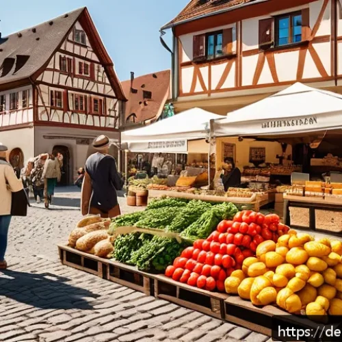 Home 31 지역생산의 소비자 응답 분석 - A vibrant farmers' market scene in a quaint German village square during a sunny morning, featuring ...