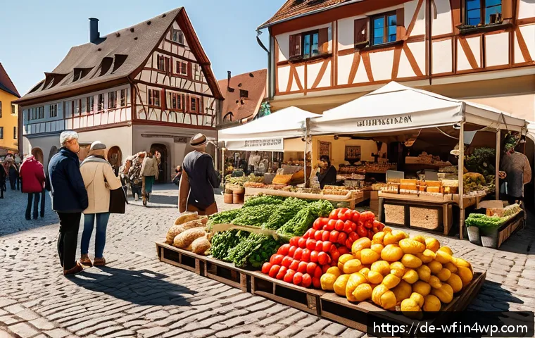 지역생산의 소비자 응답 분석 - A vibrant farmers' market scene in a quaint German village square during a sunny morning, featuring ...