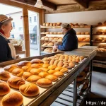 Home 18 지역생산의 사회적 가치 창출 - A vibrant local artisan bakery scene in a small German town, showcasing bakers wearing traditional a...