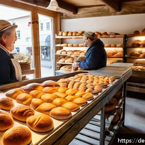 Home 30 지역생산의 사회적 가치 창출 - A vibrant local artisan bakery scene in a small German town, showcasing bakers wearing traditional a...