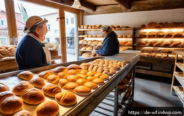 지역생산의 사회적 가치 창출 - A vibrant local artisan bakery scene in a small German town, showcasing bakers wearing traditional a...