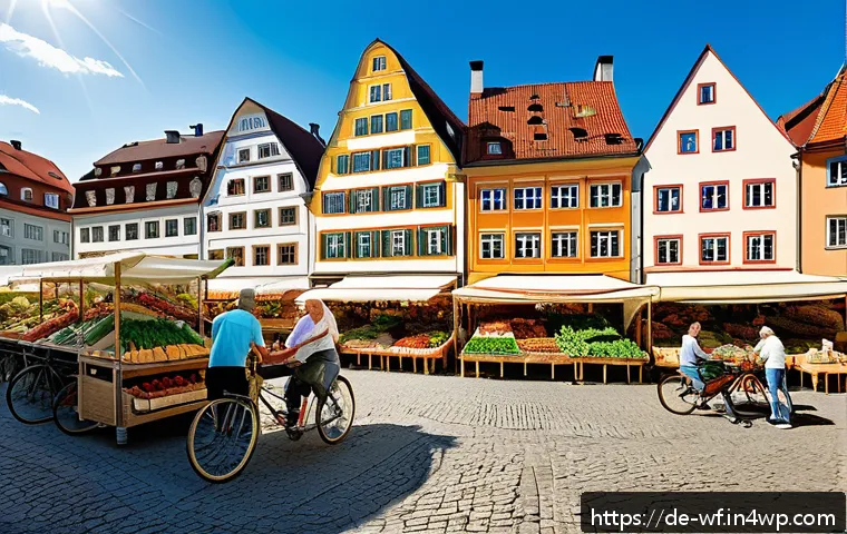 지역생산의 최신 트렌드 분석 - A vibrant German farmers' market scene in a sunny town square, featuring local farmers selling fresh...