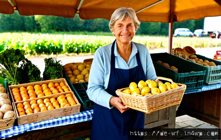 지역생산의 실천 사례 - Photorealistic morning scene at a German weekly farmers’ market, a friendly elderly woman selecting ...